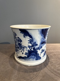 A rare Chinese blue and white 'Mongolian hunt' brush pot, Wen Zhang Shan Dou 文章山斗 mark, Kangxi