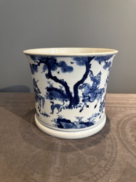 A rare Chinese blue and white 'Mongolian hunt' brush pot, Wen Zhang Shan Dou 文章山斗 mark, Kangxi