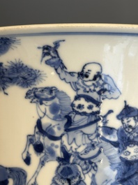 A rare Chinese blue and white 'Mongolian hunt' brush pot, Wen Zhang Shan Dou 文章山斗 mark, Kangxi
