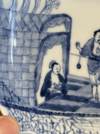 A Chinese blue and white plate with a breastfeeding woman and fishermen on boats, Yongzheng