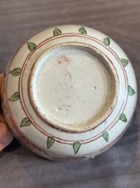 A Chinese Swatow green- and red-enamelled 'dragon' jar and a pair of covered bowls, Ming
