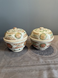 A Chinese Swatow green- and red-enamelled 'dragon' jar and a pair of covered bowls, Ming