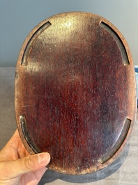 A Chinese robin's egg-glazed narcissus basin with a wooden stand, 19th C.