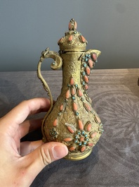 An Ottoman coral-and-turquoise-inlaid gilt-copper tea service with five Chinese wucai cups, 19th C.
