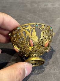 An Ottoman coral-and-turquoise-inlaid gilt-copper tea service with five Chinese wucai cups, 19th C.