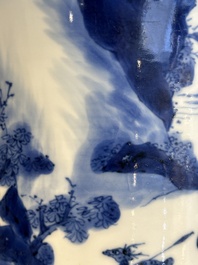 A rare Chinese blue and white 'Mongolian hunt' brush pot, Wen Zhang Shan Dou 文章山斗 mark, Kangxi