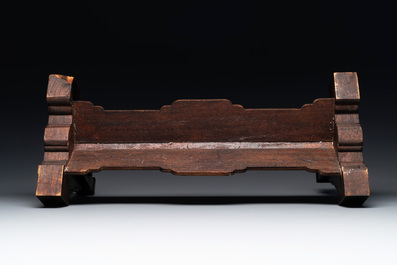 A rectangular Chinese carved red lacquer 'dragon' table screen, later wooden stand, Qianlong