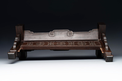 A rectangular Chinese carved red lacquer 'dragon' table screen, later wooden stand, Qianlong