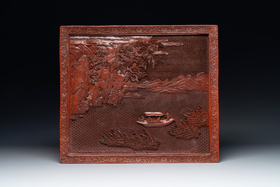A rectangular Chinese carved red lacquer 'dragon' table screen, later wooden stand, Qianlong