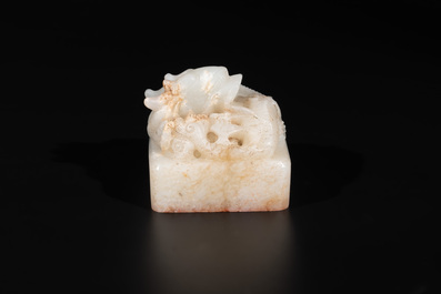 A Chinese white jade 'dragon' seal, Li Shiming 李世民 mark, Qing