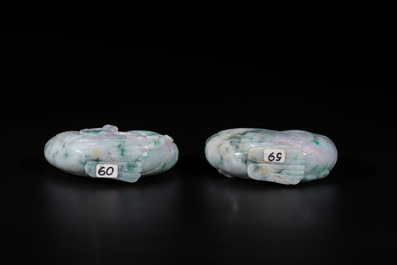 A pair of Chinese lavender- and apple-green jadeite mandarin ducks, Qing