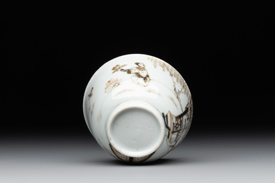 A fine Chinese gilt-decorated grisaille 'Xi Xiang Ji' cup and saucer, Yongzheng