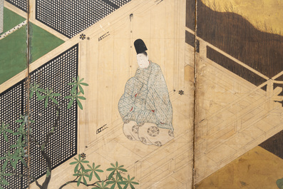 A Japanese six-panel 'byobu' screen: ink, colour and gold leaf on paper, with silk border, Edo, 18th C.