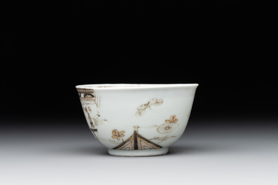 A fine Chinese gilt-decorated grisaille 'Xi Xiang Ji' cup and saucer, Yongzheng