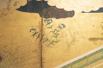 A Japanese six-panel 'byobu' screen: ink, colour and gold leaf on paper, with silk border, Edo, 18th C.