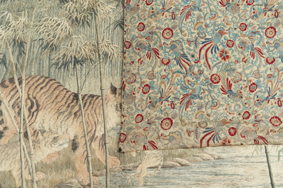 A Japanese embroidered silk with six tigers in the bamboo forest, 應舉 mark, Meiji, 19th C.