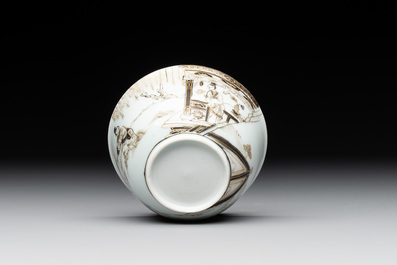 A fine Chinese gilt-decorated grisaille 'Xi Xiang Ji' cup and saucer, Yongzheng