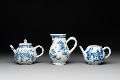Four Chinese blue and white teapots, a milk jug, a cup and two saucers, Kangxi/Qianlong