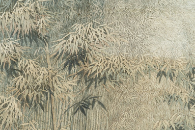A Japanese embroidered silk with six tigers in the bamboo forest, 應舉 mark, Meiji, 19th C.