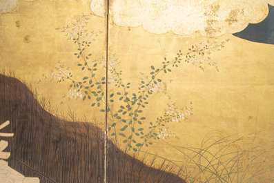 A Japanese six-panel 'byobu' screen: ink, colour and gold leaf on paper, with silk border, Edo, 18th C.