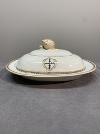 A Chinese export famille rose covered tureen and an oval dish with strainer, Jiaqing