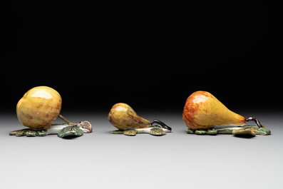 Polychrome Dutch Delft hanging models of an apple and two pears, 18th C.