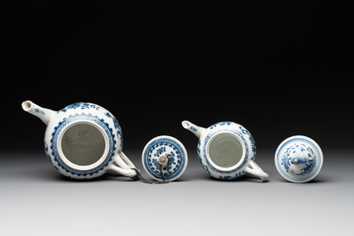 Four Chinese blue and white teapots, a milk jug, a cup and two saucers, Kangxi/Qianlong