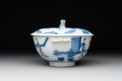 A Chinese blue and white 'Long Elizas and playing boys' covered bowl, Chenghua mark, Kangxi