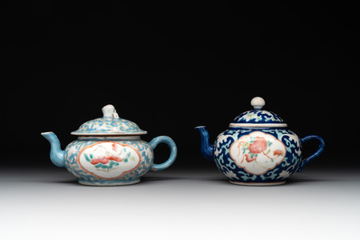 Two Chinese famille rose blue-ground teapots and covers for the Straits or Peranakan market, Tongzhi mark and of the period