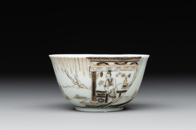 A fine Chinese gilt-decorated grisaille 'Xi Xiang Ji' cup and saucer, Yongzheng