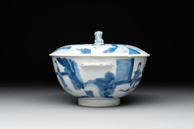 A Chinese blue and white 'Long Elizas and playing boys' covered bowl, Chenghua mark, Kangxi