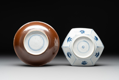 Four Chinese blue and white teapots, a milk jug, a cup and two saucers, Kangxi/Qianlong