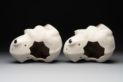 A pair of large Chinese white-glazed biscuit toad-form jardini&egrave;res, 18th C.