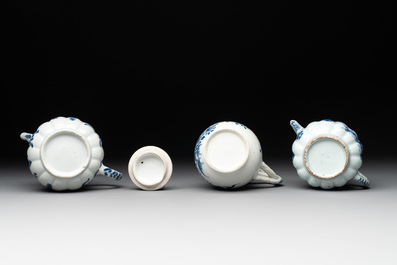 Four Chinese blue and white teapots, a milk jug, a cup and two saucers, Kangxi/Qianlong