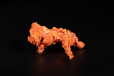 A Chinese red coral 'Sanxing' group on wooden stand, 19/20th C.
