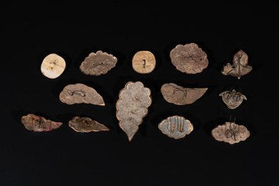 A collection of 13 Chinese kingfisher feather hair ornaments, 19th C.