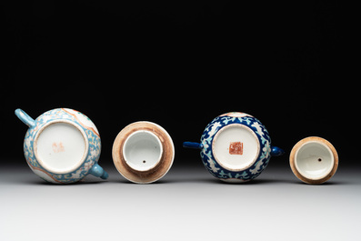 Two Chinese famille rose blue-ground teapots and covers for the Straits or Peranakan market, Tongzhi mark and of the period