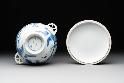 A Chinese blue and white 'Long Elizas and playing boys' covered bowl, Chenghua mark, Kangxi