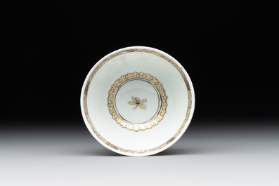 A fine Chinese gilt-decorated grisaille 'Xi Xiang Ji' cup and saucer, Yongzheng
