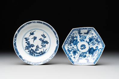Four Chinese blue and white teapots, a milk jug, a cup and two saucers, Kangxi/Qianlong