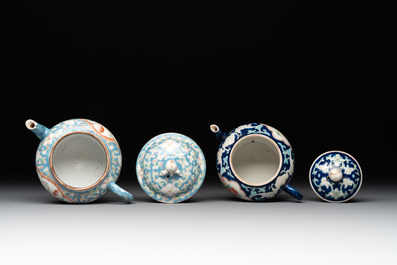 Two Chinese famille rose blue-ground teapots and covers for the Straits or Peranakan market, Tongzhi mark and of the period