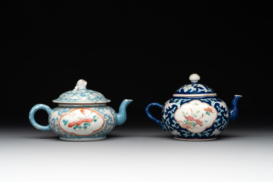 Two Chinese famille rose blue-ground teapots and covers for the Straits or Peranakan market, Tongzhi mark and of the period