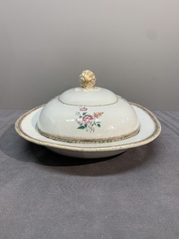 A Chinese export famille rose covered tureen and an oval dish with strainer, Jiaqing