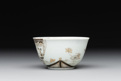 A fine Chinese gilt-decorated grisaille 'Xi Xiang Ji' cup and saucer, Yongzheng