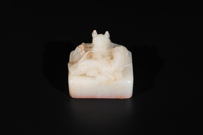A Chinese white jade 'dragon' seal, Li Shiming 李世民 mark, Qing