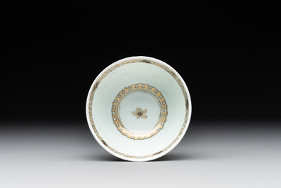 A fine Chinese gilt-decorated grisaille 'Xi Xiang Ji' cup and saucer, Yongzheng