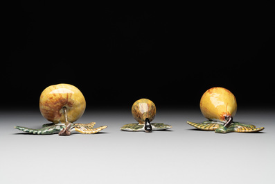 Polychrome Dutch Delft hanging models of an apple and two pears, 18th C.