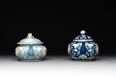 Two Chinese famille rose blue-ground teapots and covers for the Straits or Peranakan market, Tongzhi mark and of the period