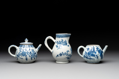 Four Chinese blue and white teapots, a milk jug, a cup and two saucers, Kangxi/Qianlong