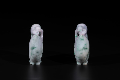 A pair of Chinese lavender- and apple-green jadeite mandarin ducks, Qing